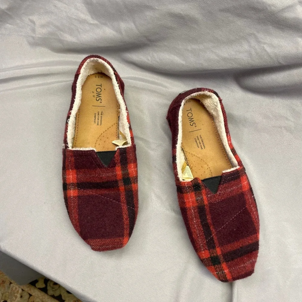 TOMS Womens Alpargata Red Plaid‎ Wool Faux Shearling Lined Slip On Shoes 8.5